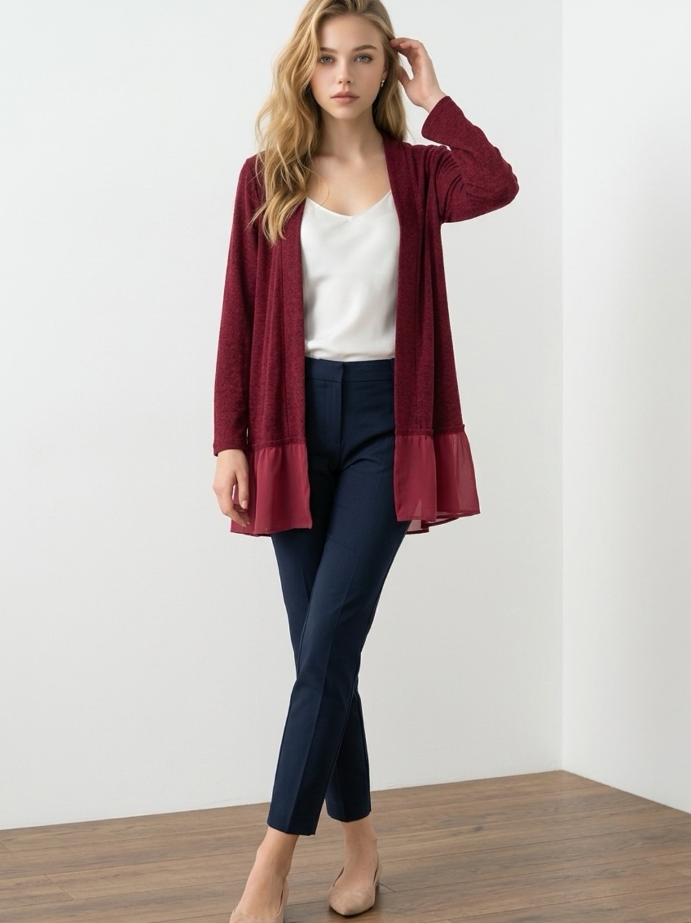 T Tahari Burgundy Open-Front Cardigan with Sheer Hem size S